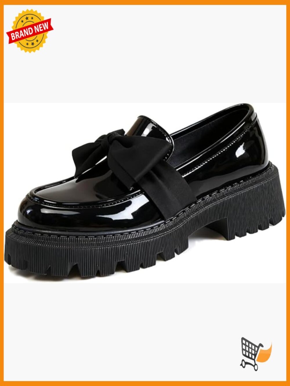 Patent Leather Chunky Heel Loafers with Lug Sole Bow Detail Round Toe Slip-On